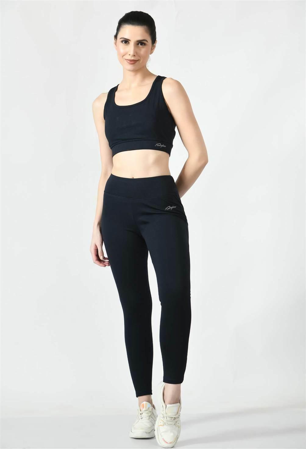 Waylene Navy Blue High-Waisted Yoga Leggings, front view with model wearing matching crop top.