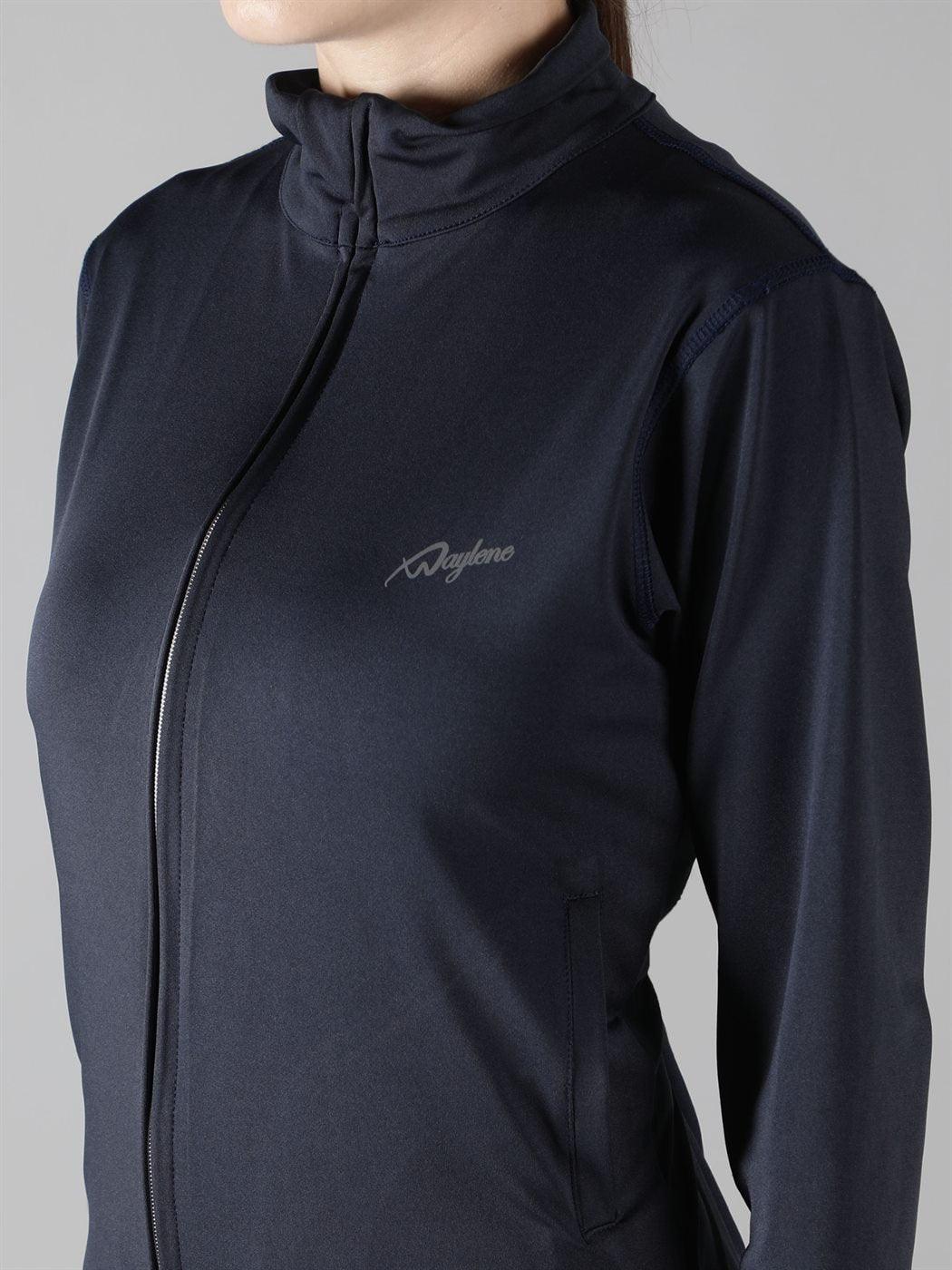 Close-up of Waylene Navy Blue Sweatshirt highlighting high collar and logo detail.