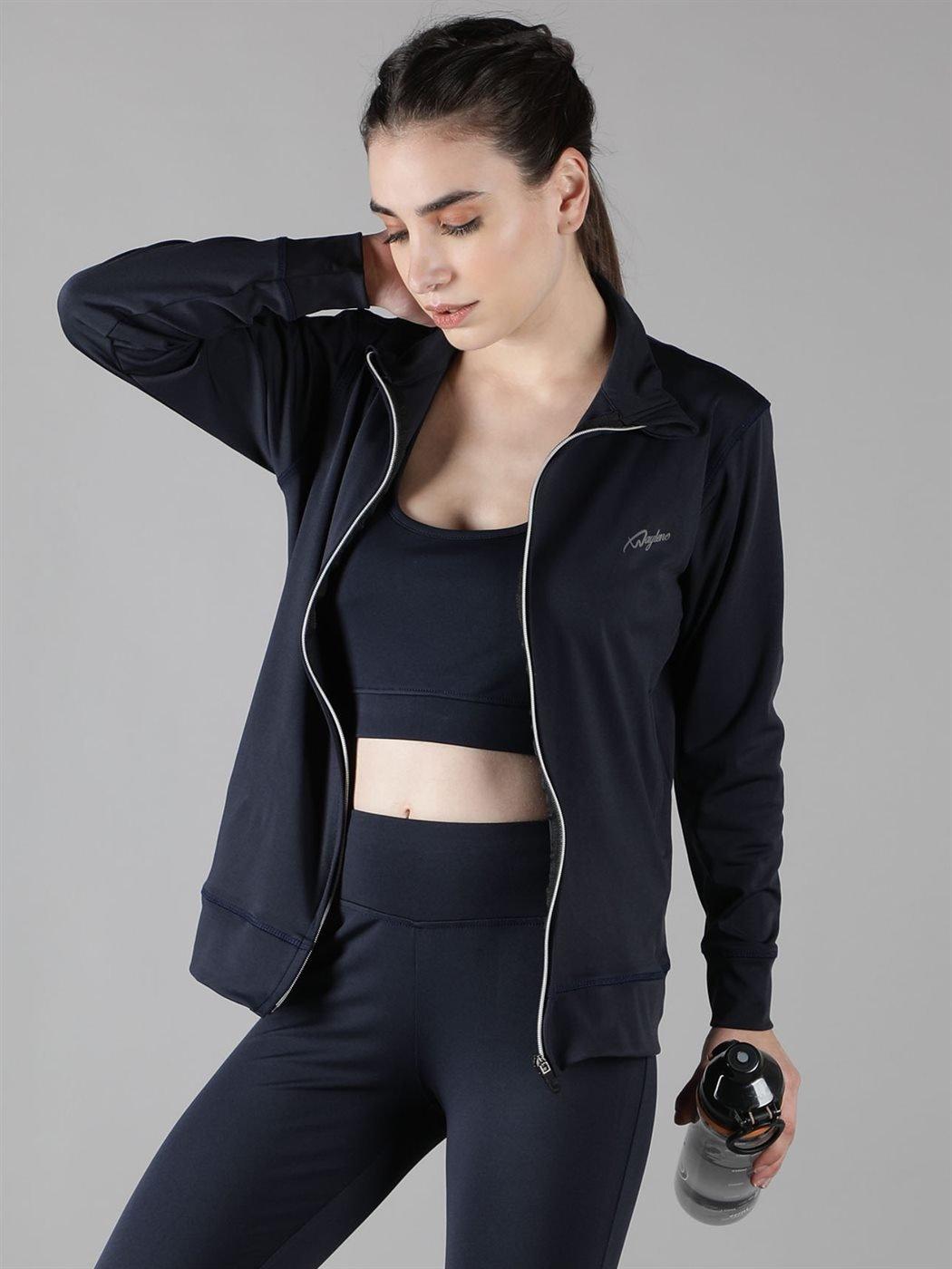 Waylene Navy Blue Sweatshirt styled for casual athletic wear, with zip-up front.