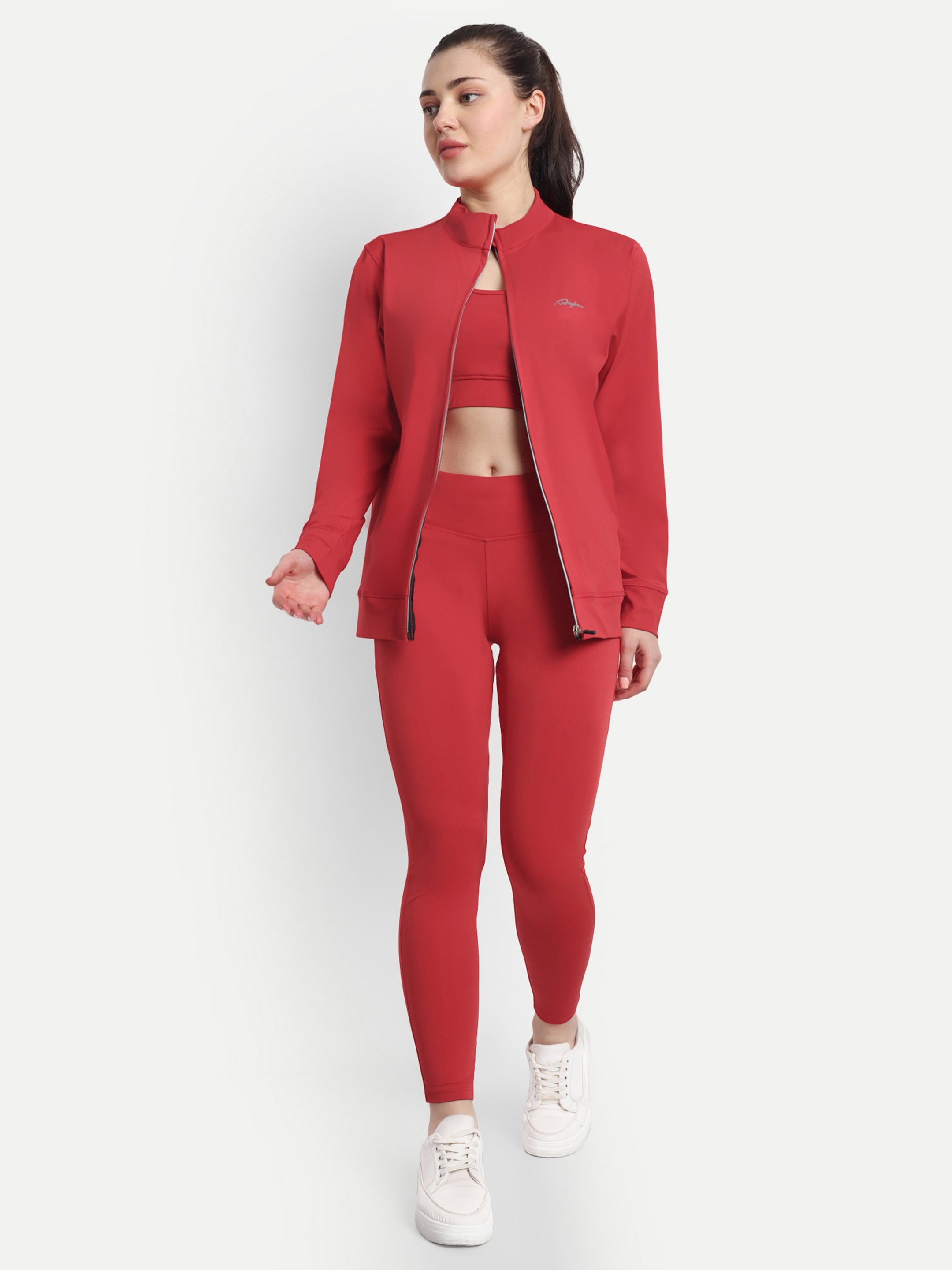 Waylene Red Activewear Set with open jacket revealing sports bra, suitable for gym sessions.