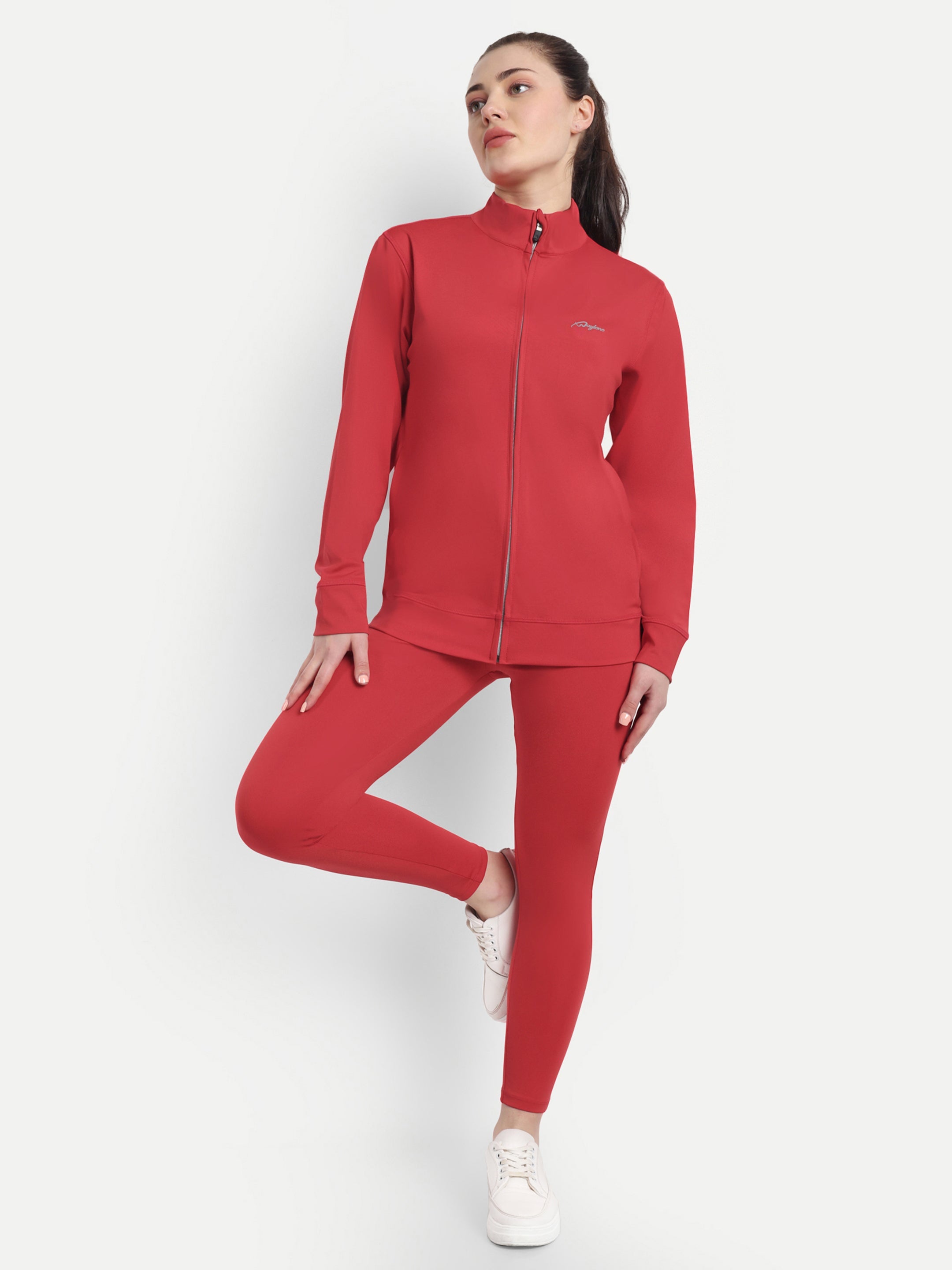 Waylene Red Performance Tracksuit with zip-up jacket and leggings, designed for gym and fitness.