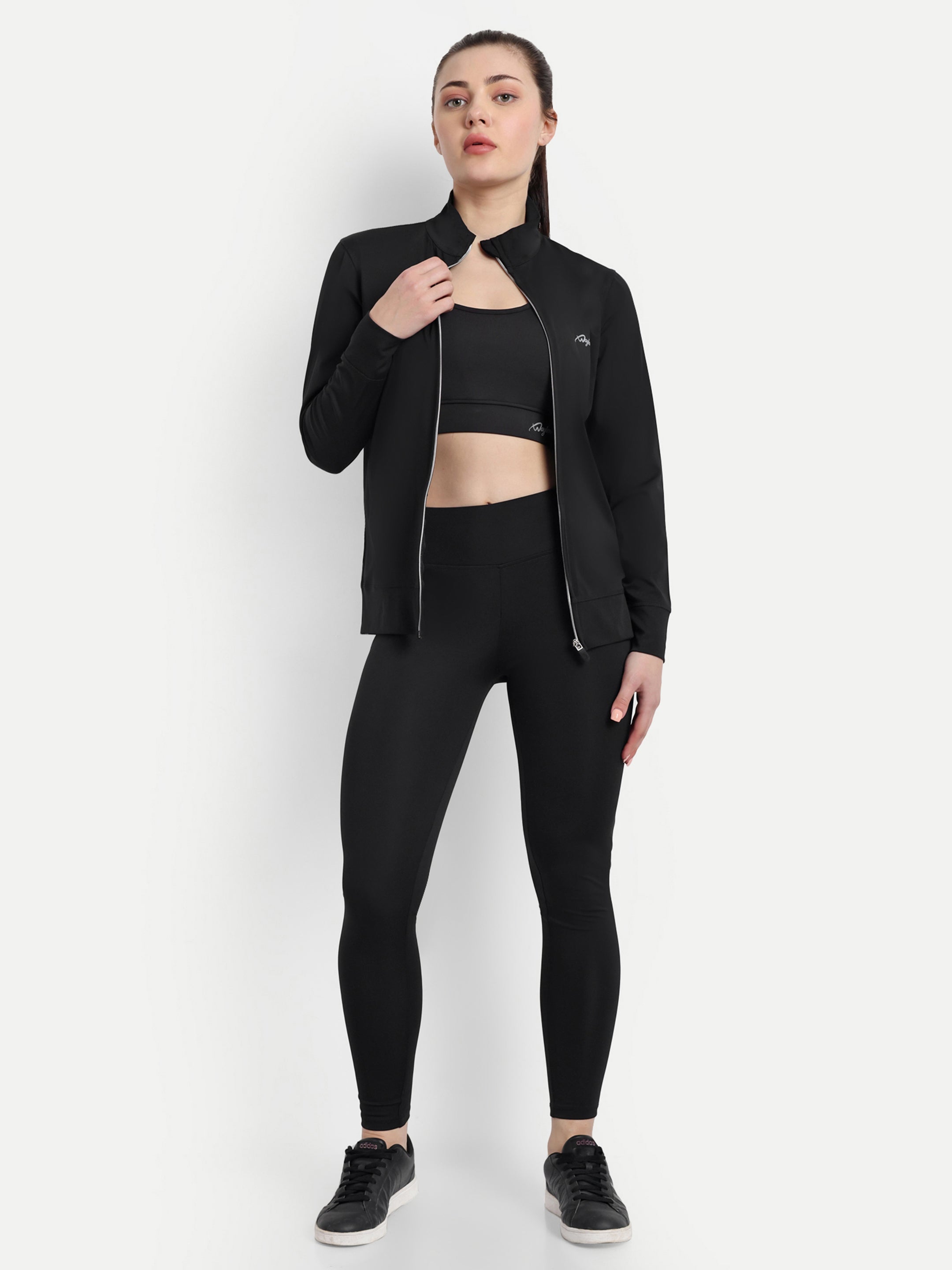Waylene Black Tracksuit for Women with Open Jacket Revealing Sports Bra and Full-Length Leggings