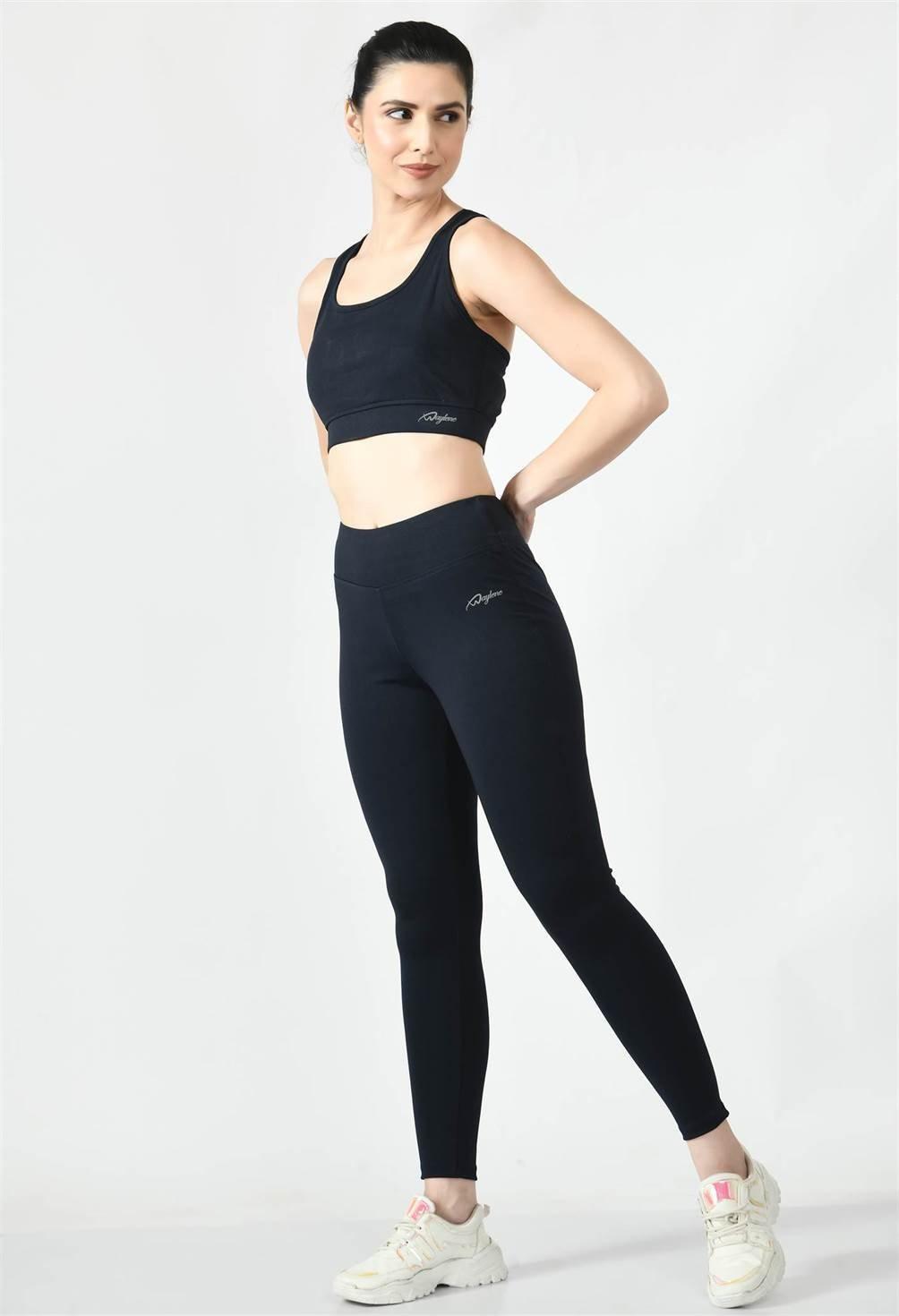 Waylene Navy Blue High-Waisted Yoga Leggings with matching top, full outfit view for activewear set.