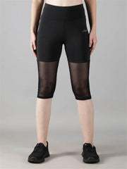 Waylene Women's Black High-Waisted Capri Leggings with Rounded Mesh Front View
