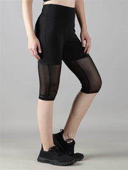 Waylene Women's Black High-Waisted Capri Leggings with Rounded Mesh Front Side View