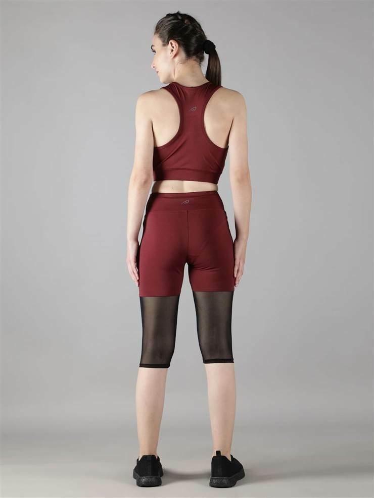 Waylene Women's Maroon High-Waisted Capri Leggings with Rounded Mesh Full Back Outfit