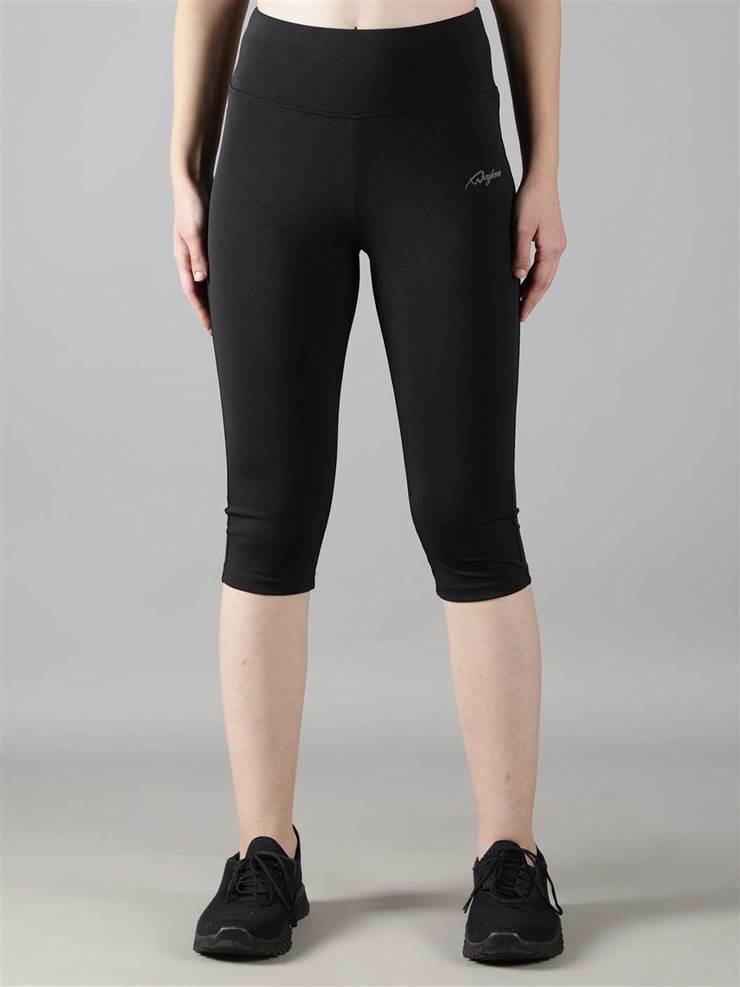 Front view of a model in Waylene's black capri tights, showing a simple yet stylish design, perfect for various athletic activities.