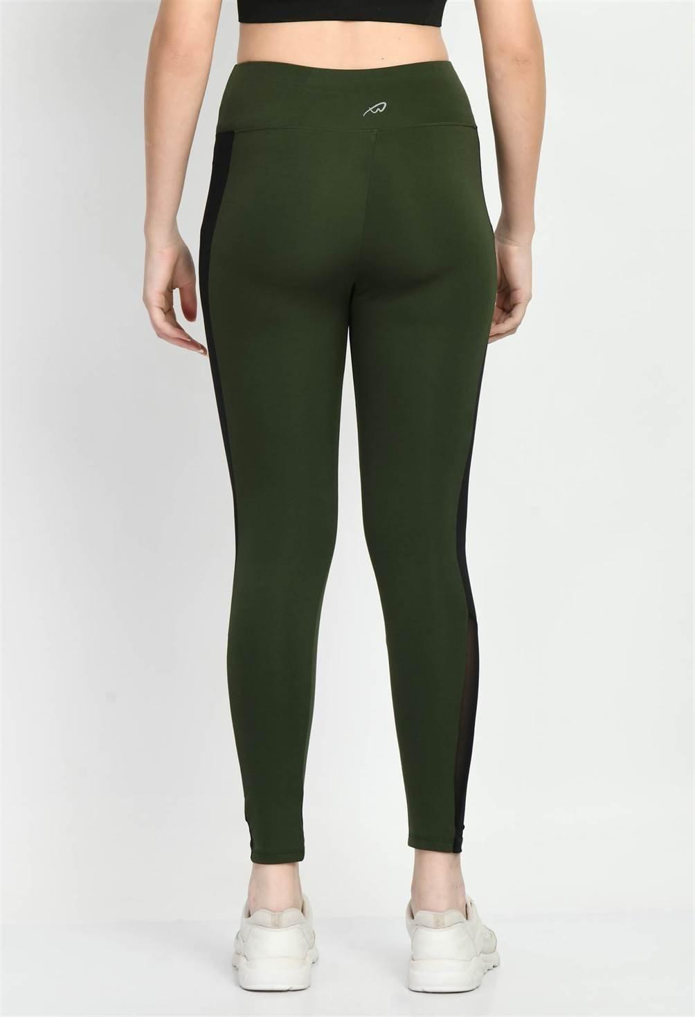 Back View of Waylene Olive Green Tights with Black Panels and Mesh Insets