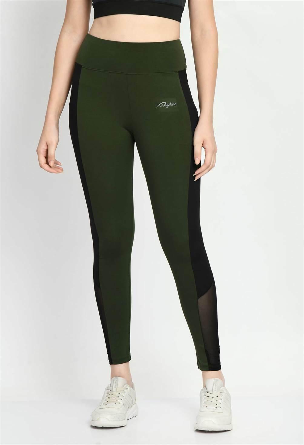 Waylene Women's Olive Green Tights with High Waist and Black Mesh Insets