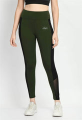 Waylene Women's Olive Green Tights with High Waist and Black Mesh Insets