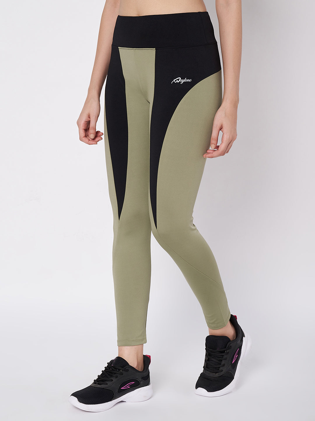 Waylene olive green and black color block leggings, high waist with logo detail