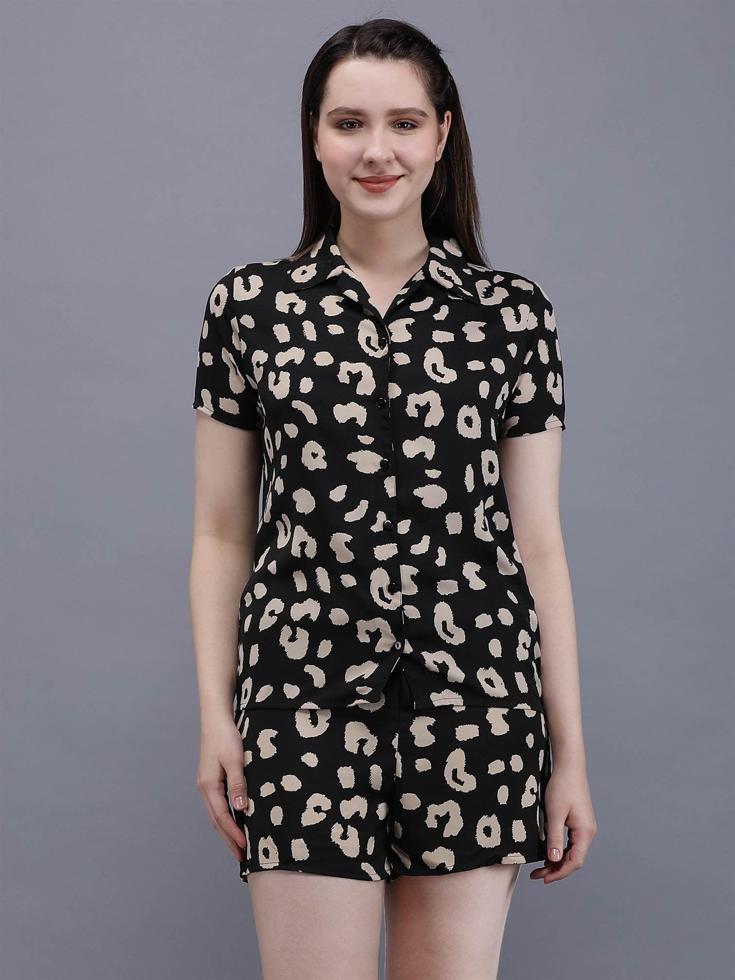 Waylene Printed Shirt & Shorts Set, front view, woman standing, black with beige abstract print.
