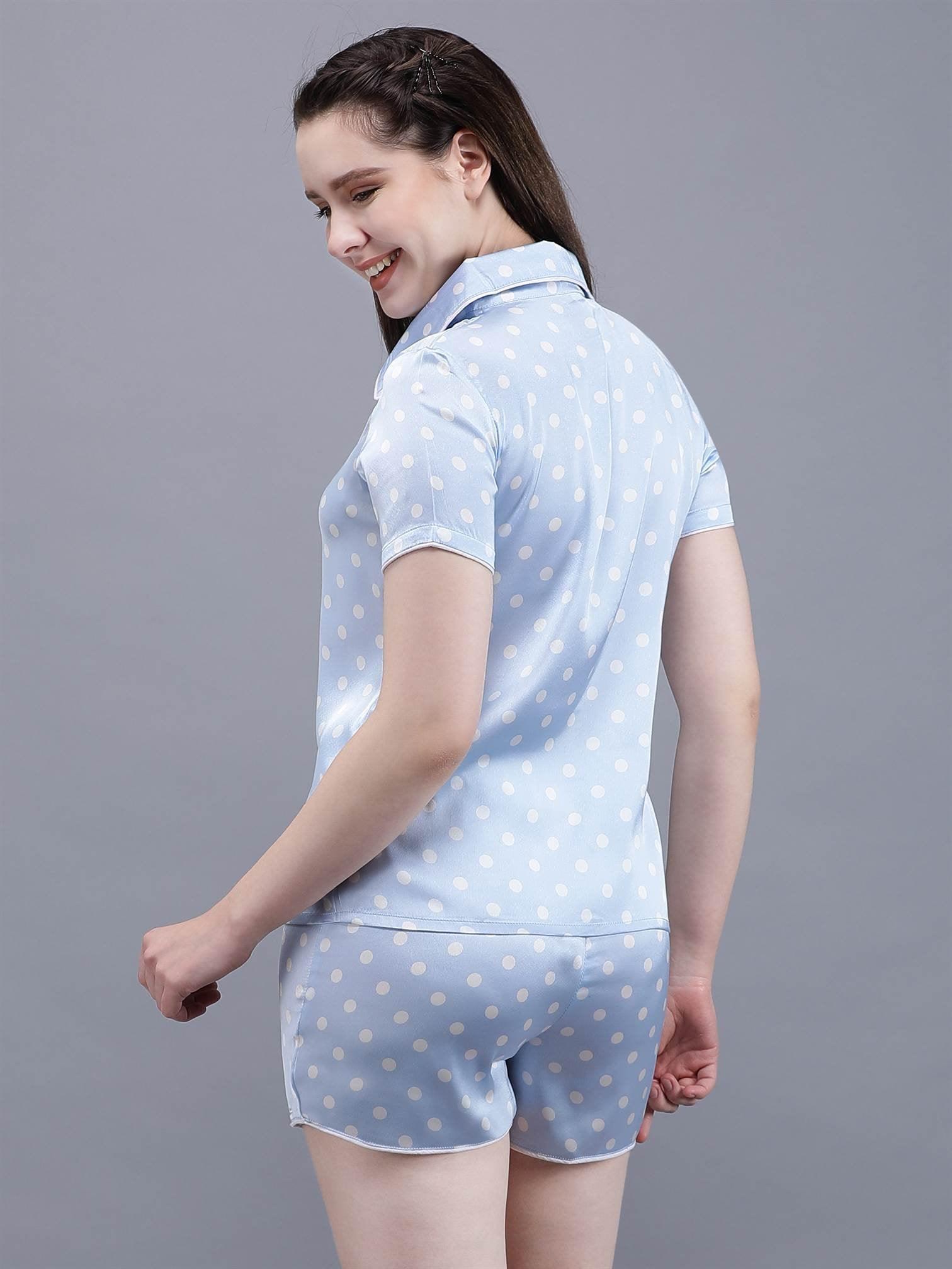Waylene Navy Blue Printed Shirt & Shorts Set for Women, back view showing relaxed casual style.