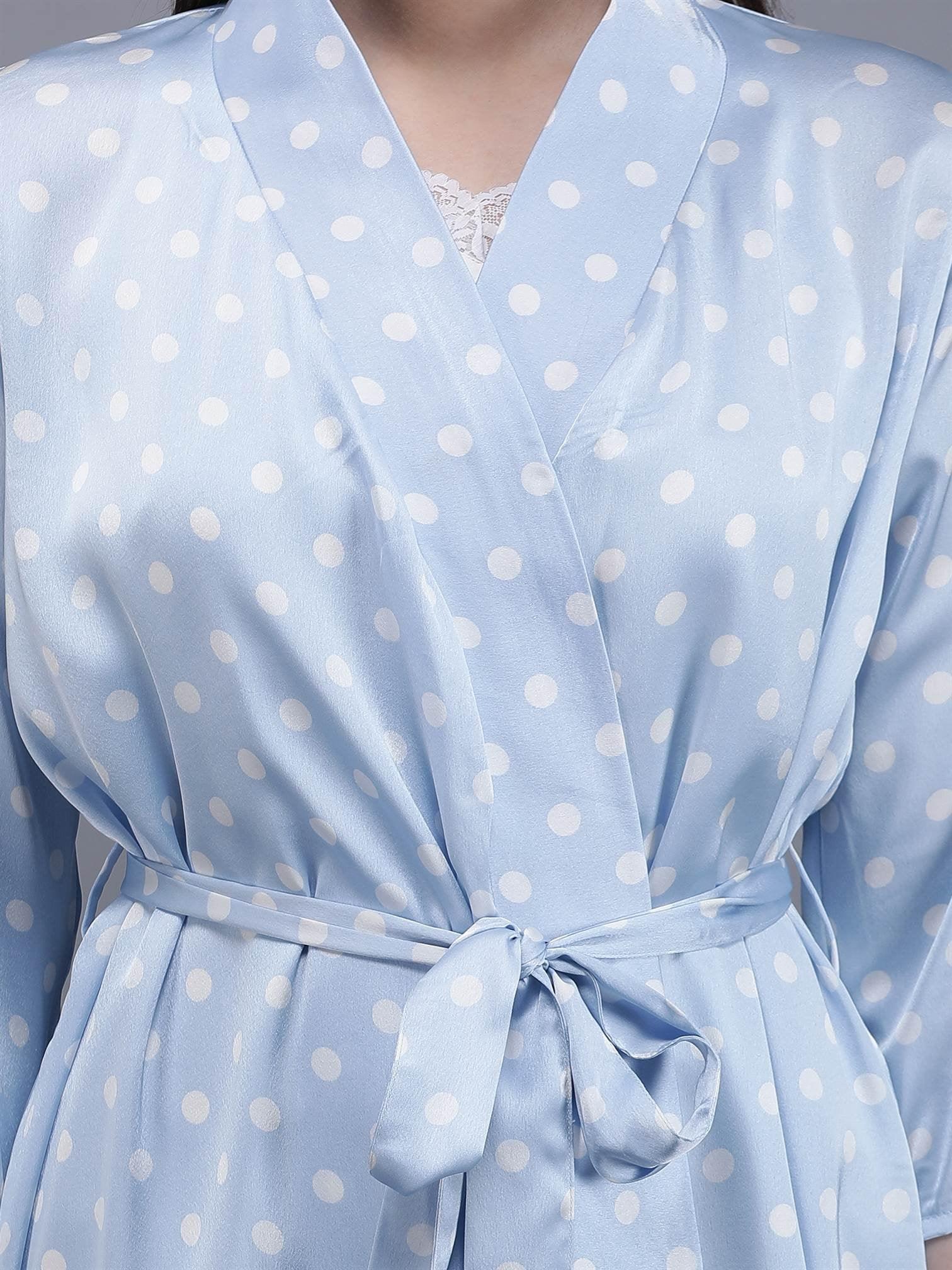 Waylene Light Blue Polka Dot Night Suit Close-up of Belted Waist