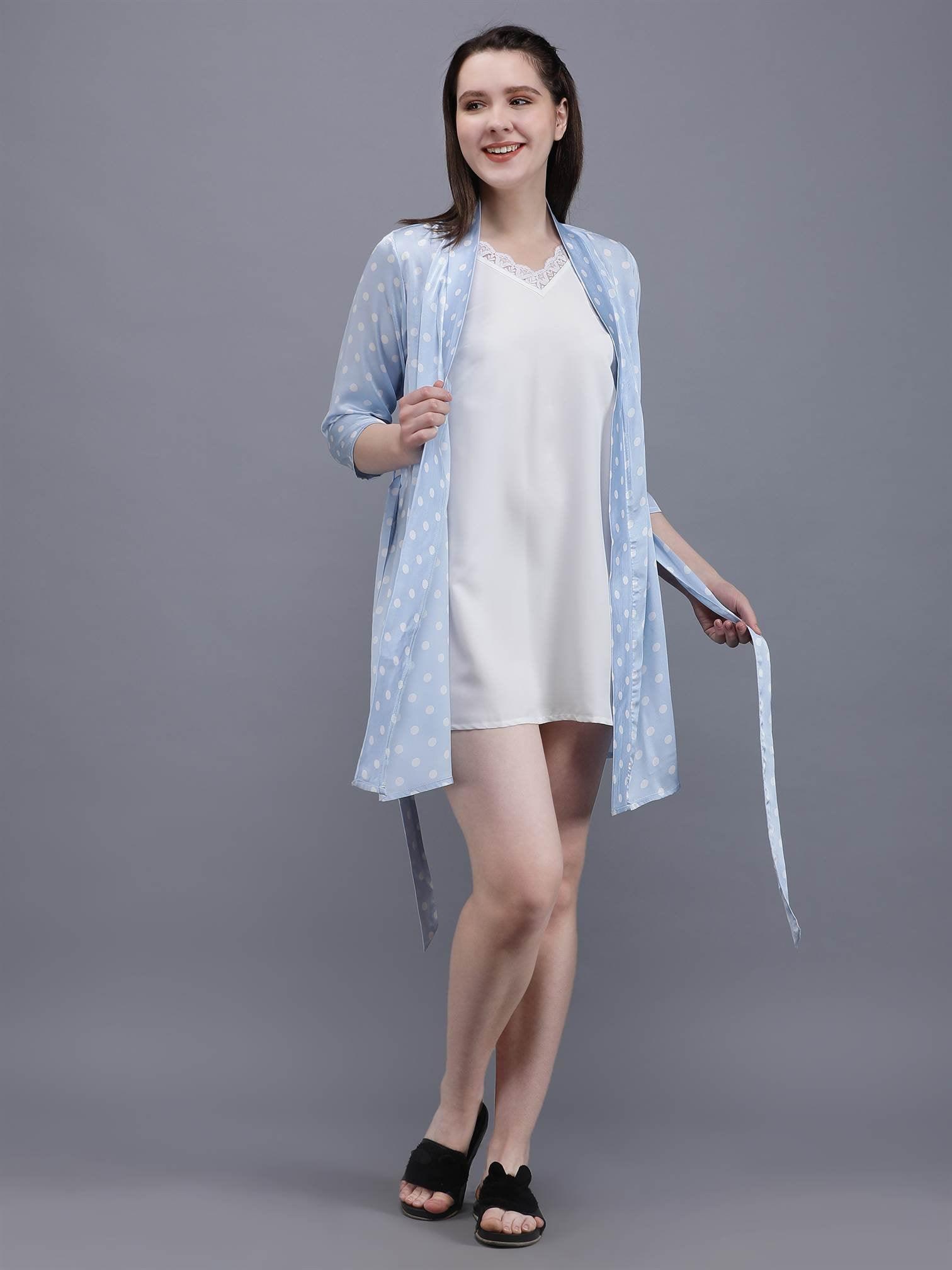 Waylene Light Blue Polka Dot Night Suit with Open Front and White Night Dress
