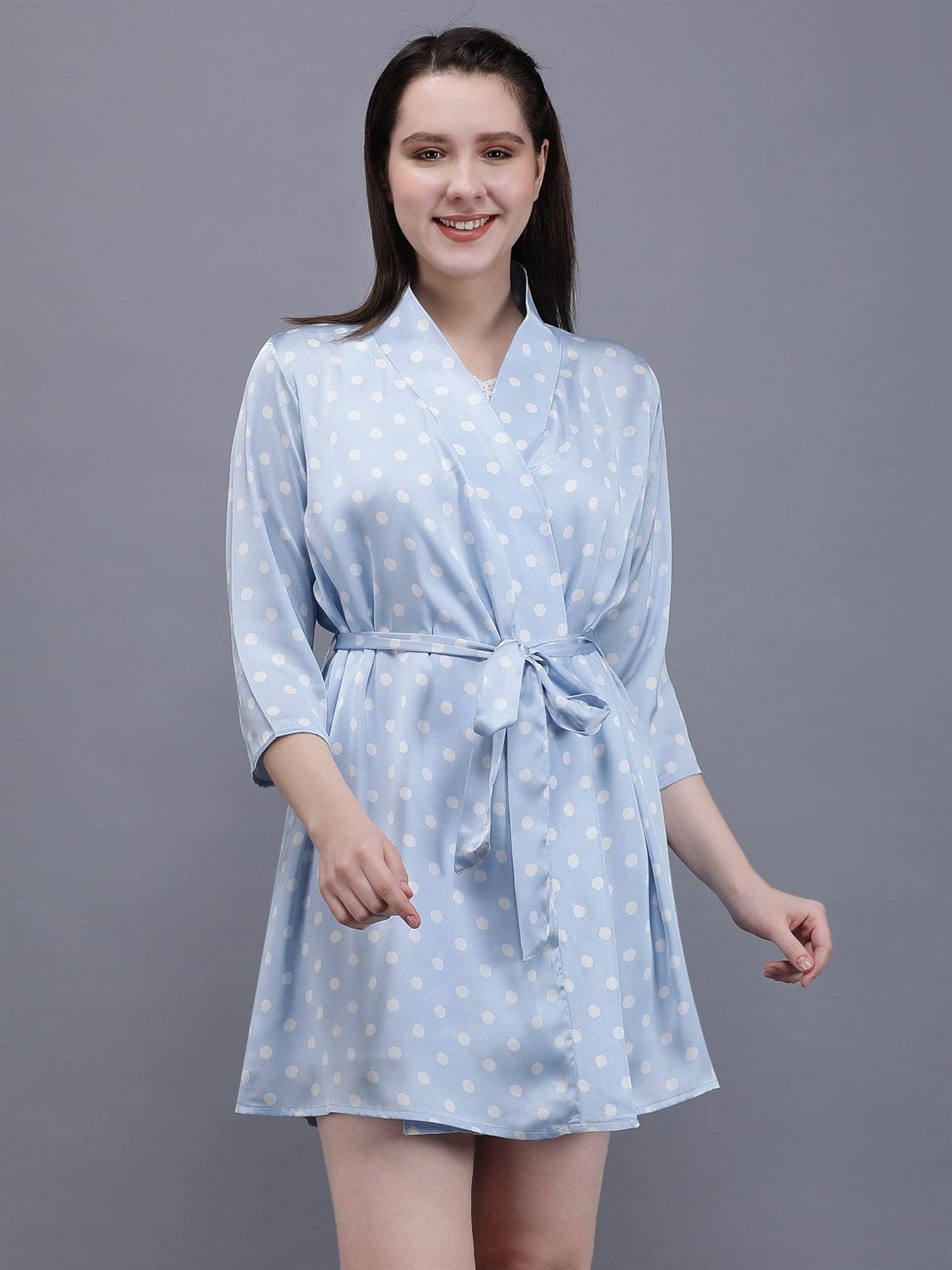 Waylene Light Blue Polka Dot Kimono Night Suit with Tie Belt