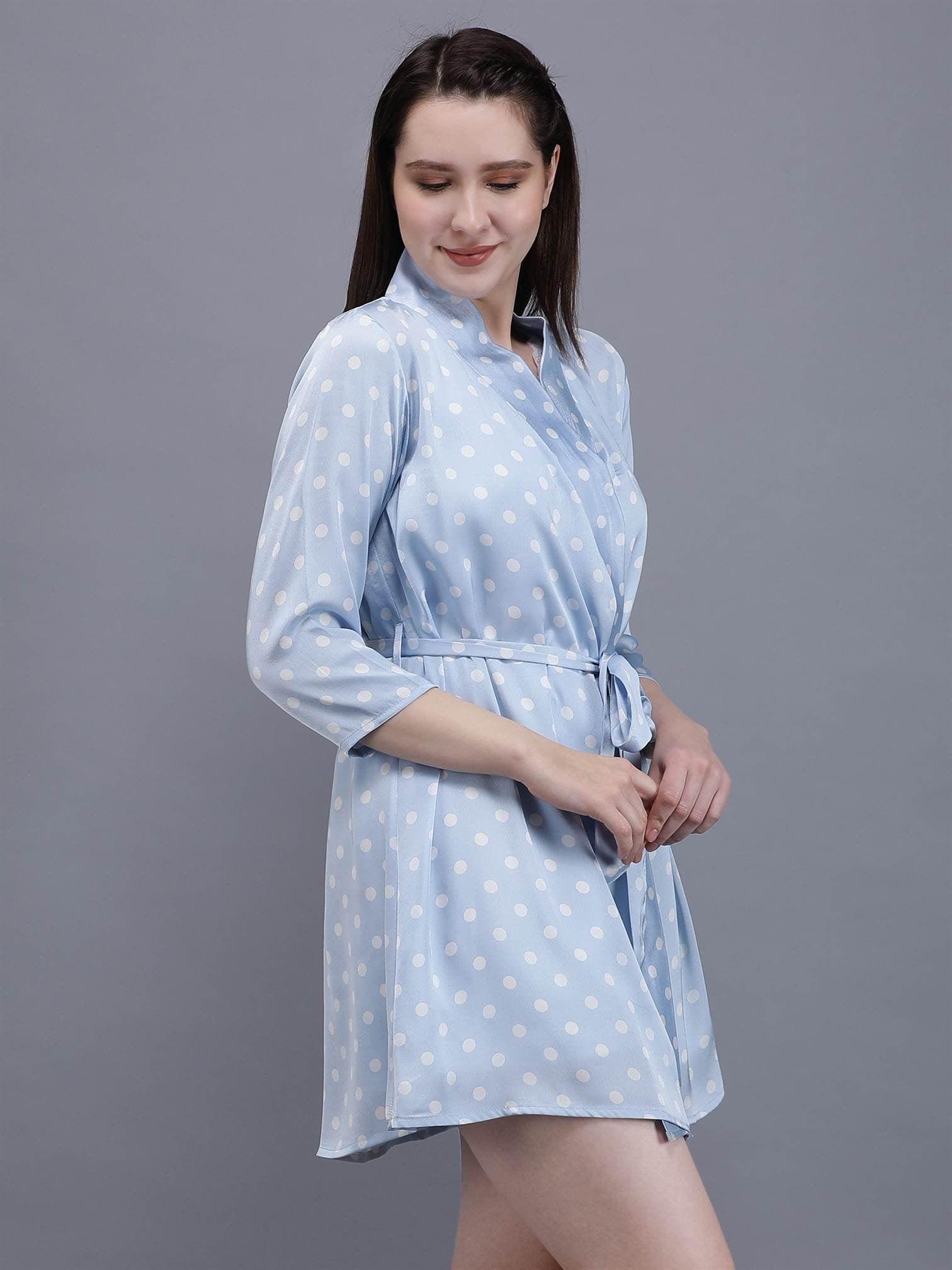 Waylene Light Blue Polka Dot Night Suit with V-Neck and Tie Waist