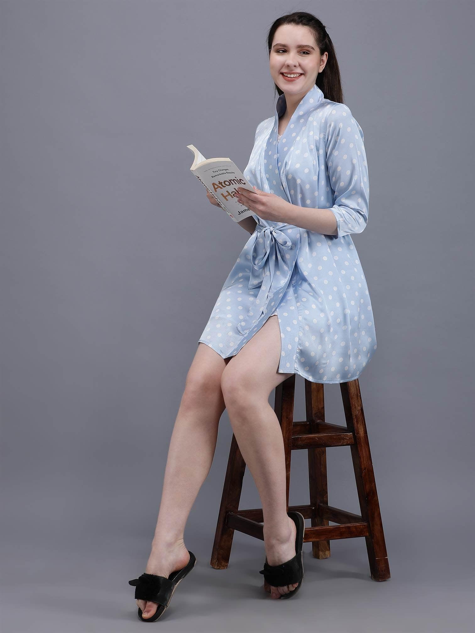 Waylene Light Blue Polka Dot Night Suit with Belted Waist and 3/4 Sleeves