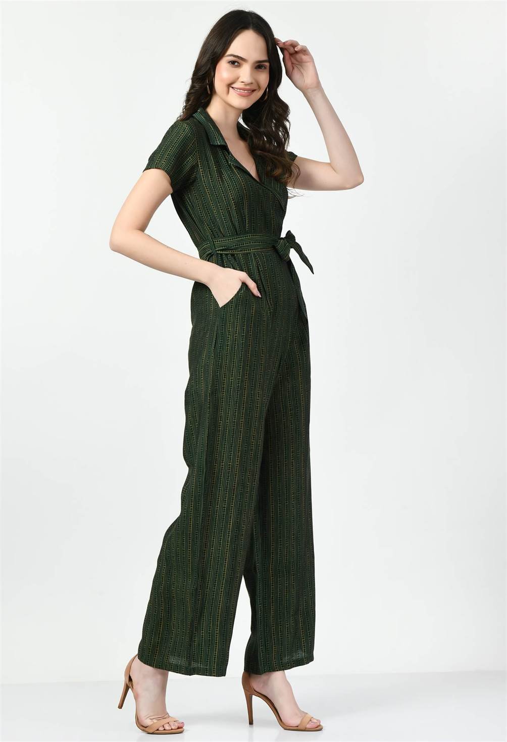 Side View of Waylene Green Jumpsuit with Pockets and Striped Pattern