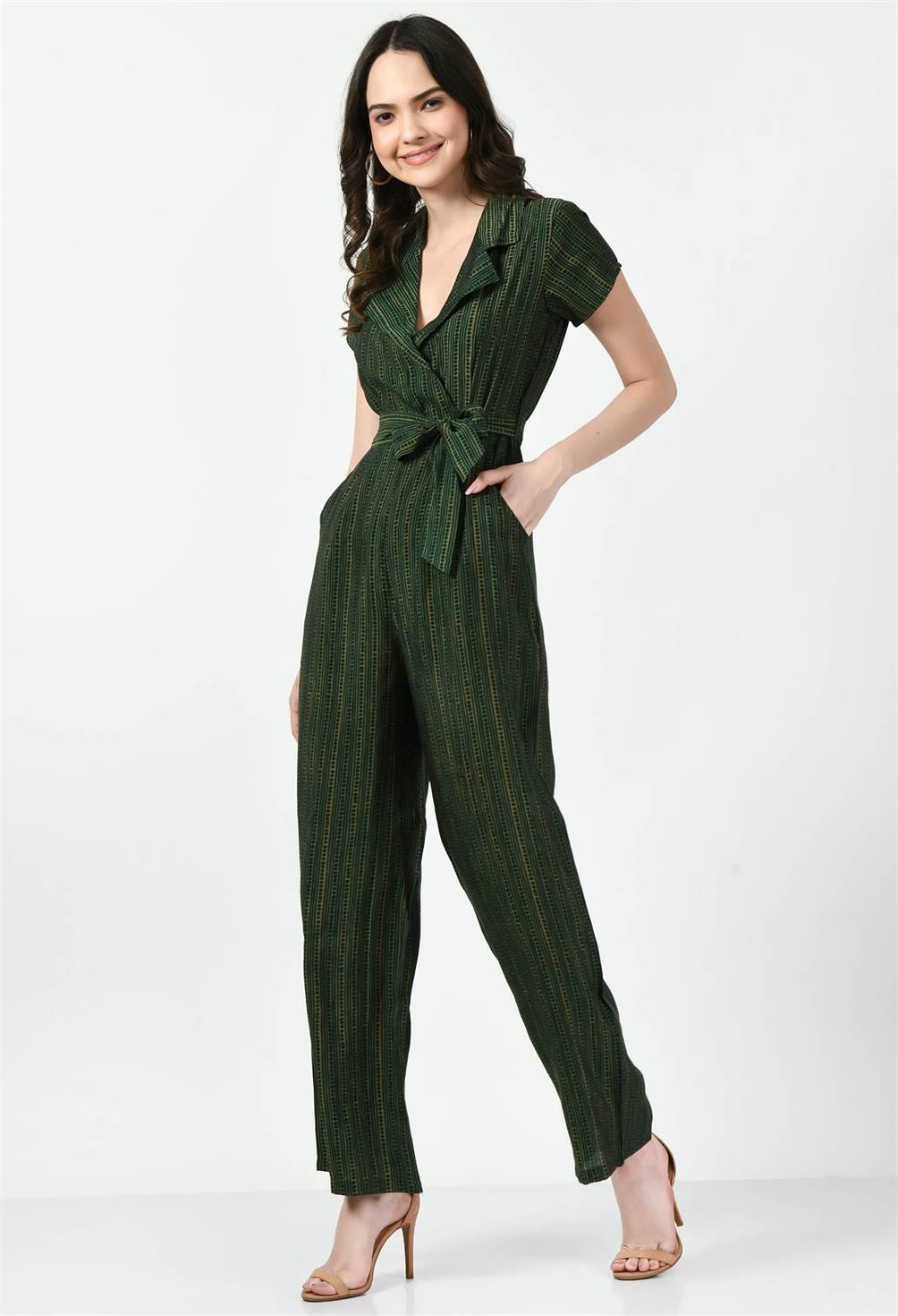 Waylene Elegant Green Jumpsuit with Collared V-Neck and Tie Waist