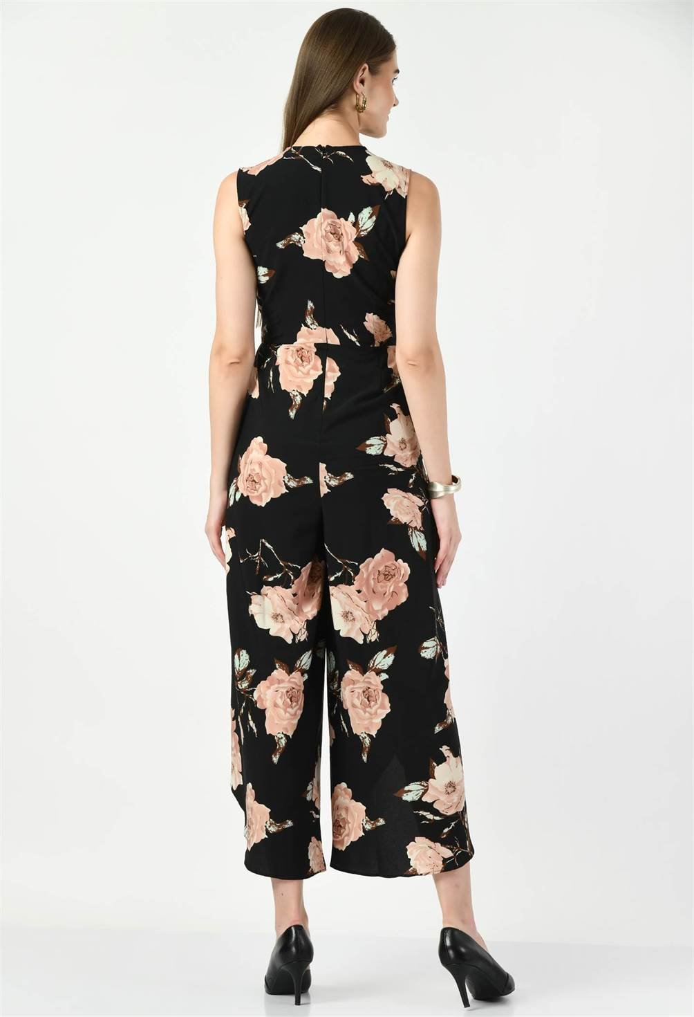 Back View of Waylene Floral Print Black Jumpsuit with Cropped Legs