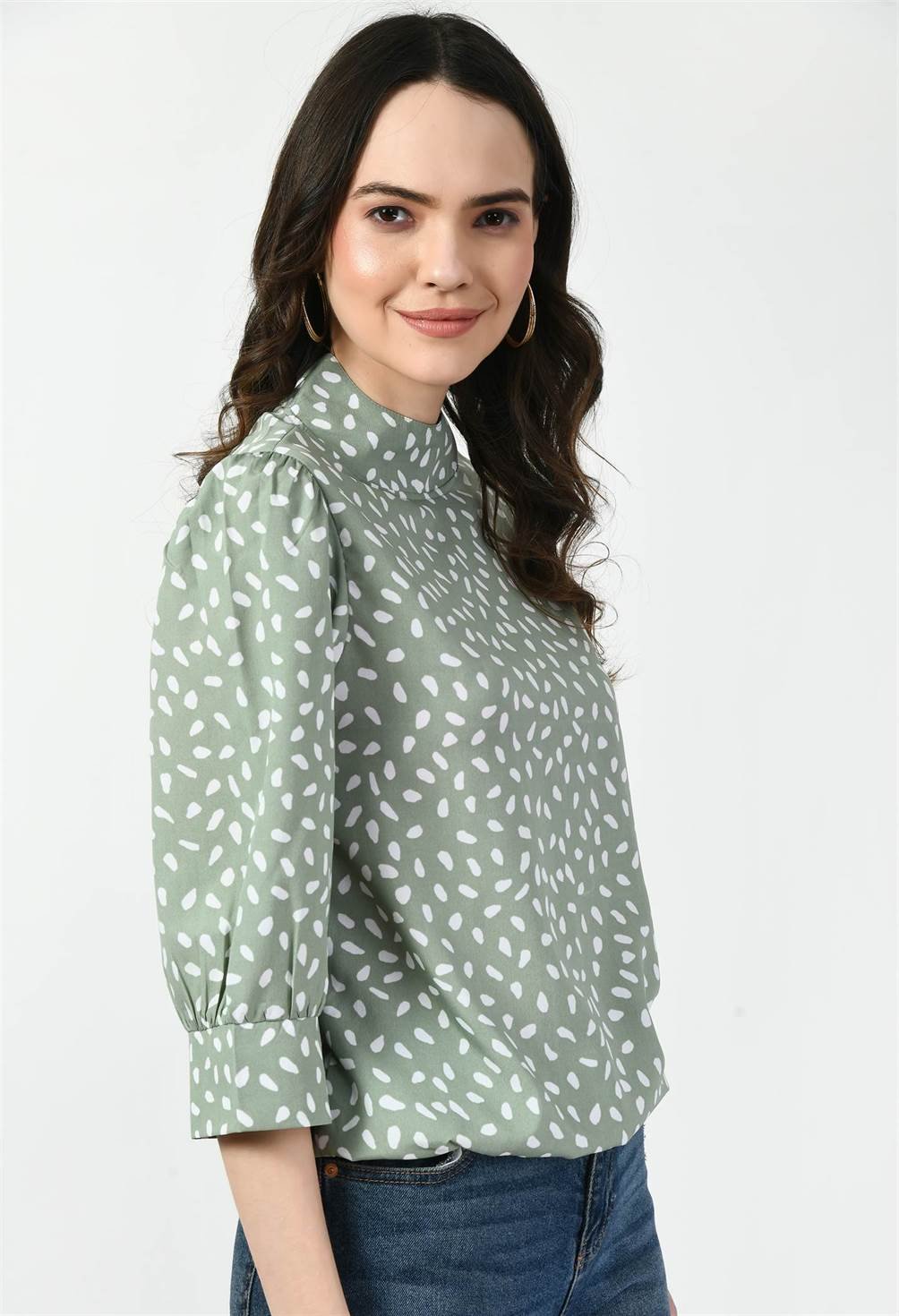Waylene Pista Green High Neck Western Top, Side Perspective with Smiling Model