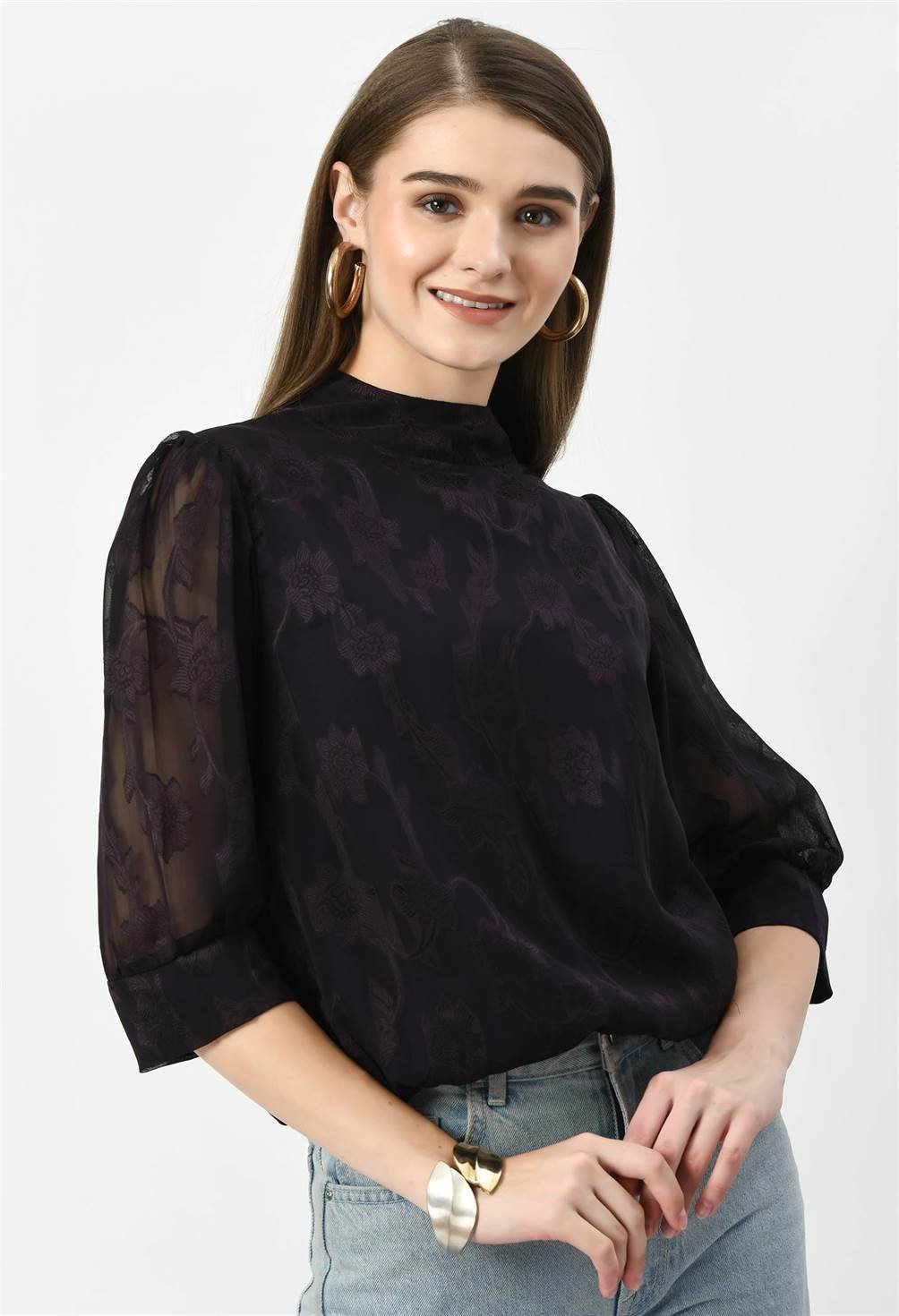 Waylene Dark Jamuni Western Top, side view with sheer sleeves
