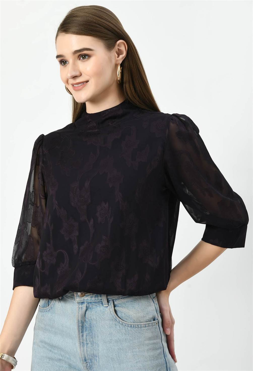 Waylene Dark Jamuni Western Top, front view with puff sleeves