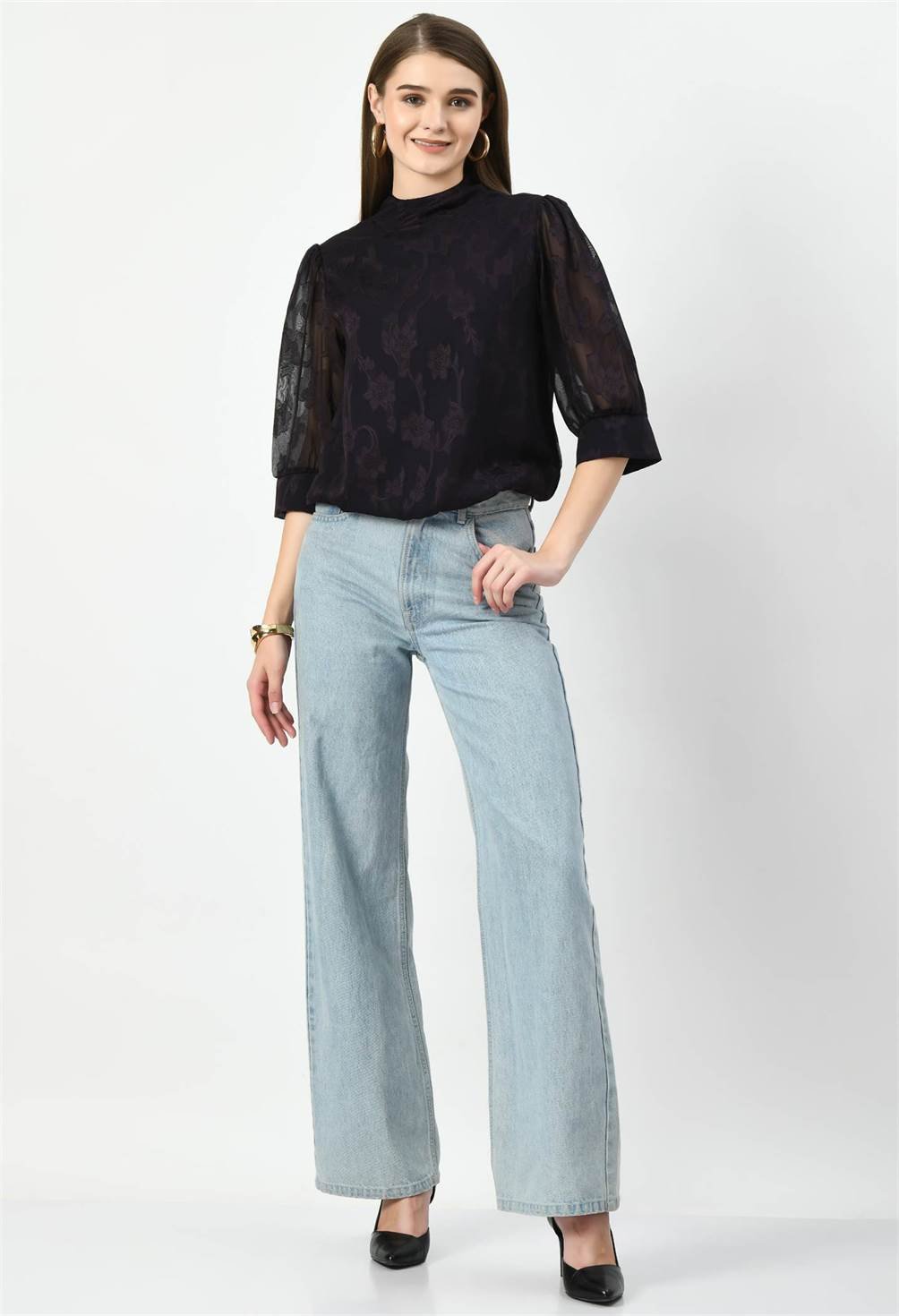 Waylene Dark Jamuni Western Top, full outfit view with wide-leg jeans