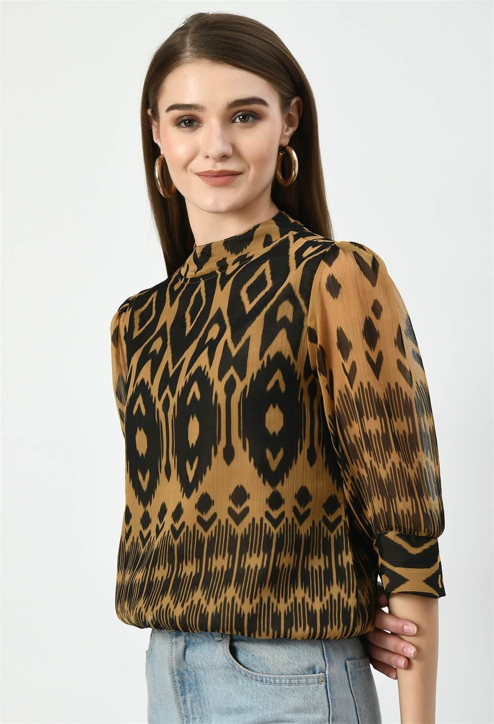 Side view of Waylene Peach High-Neck Geometric Print Western Top
