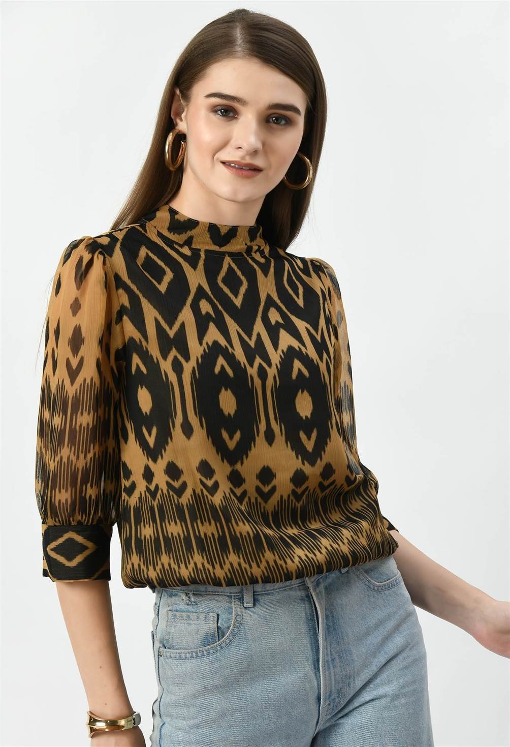 Waylene Peach High-Neck Geometric Print Western Top with Casual Pose