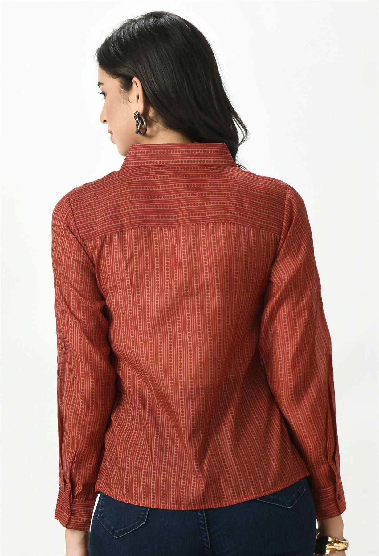 Back View of Waylene Red Sheer Shirt with Yoke Detailing and Striped Design