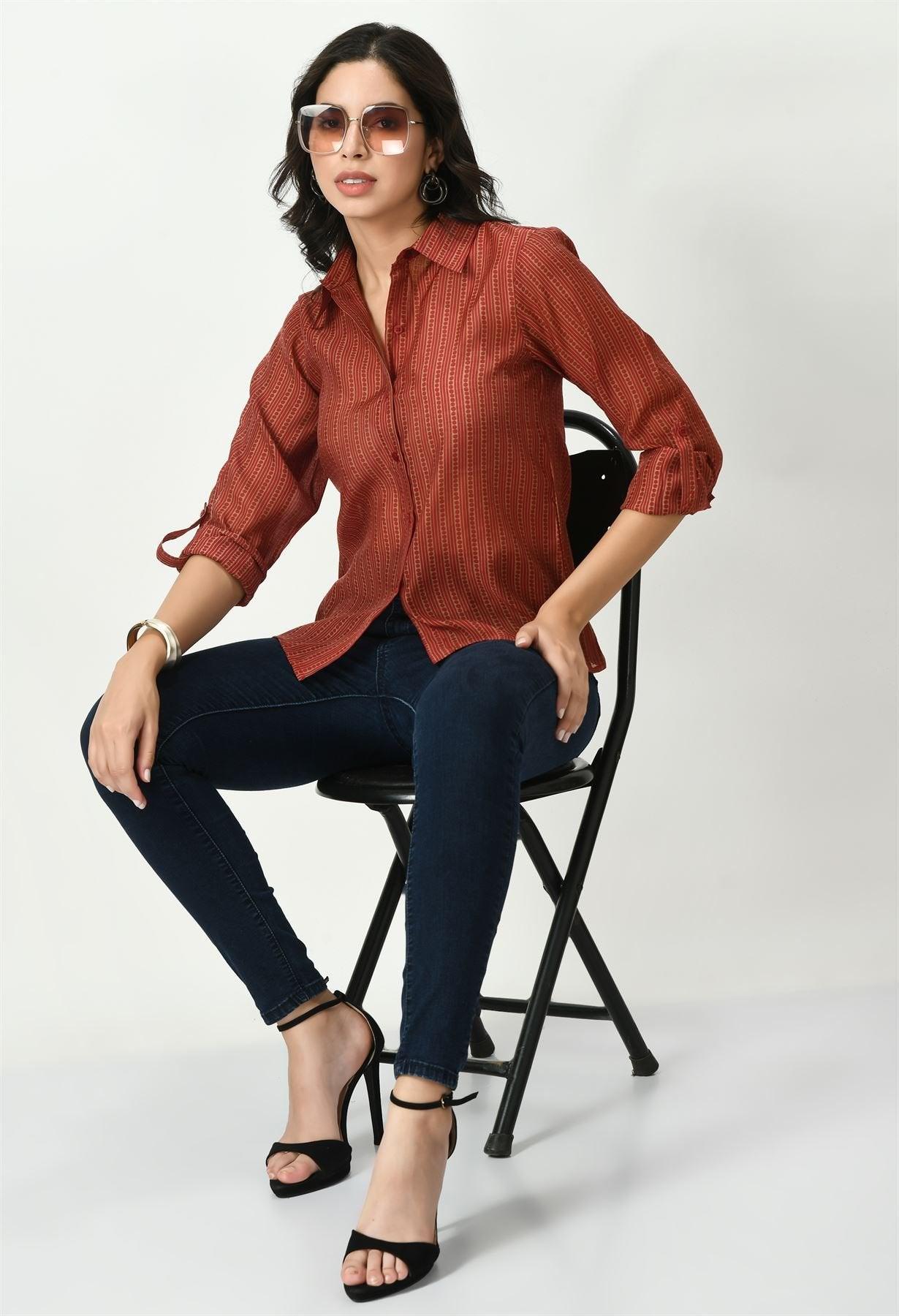 Waylene Red Sheer Shirt Styled Casually with Rolled Sleeves